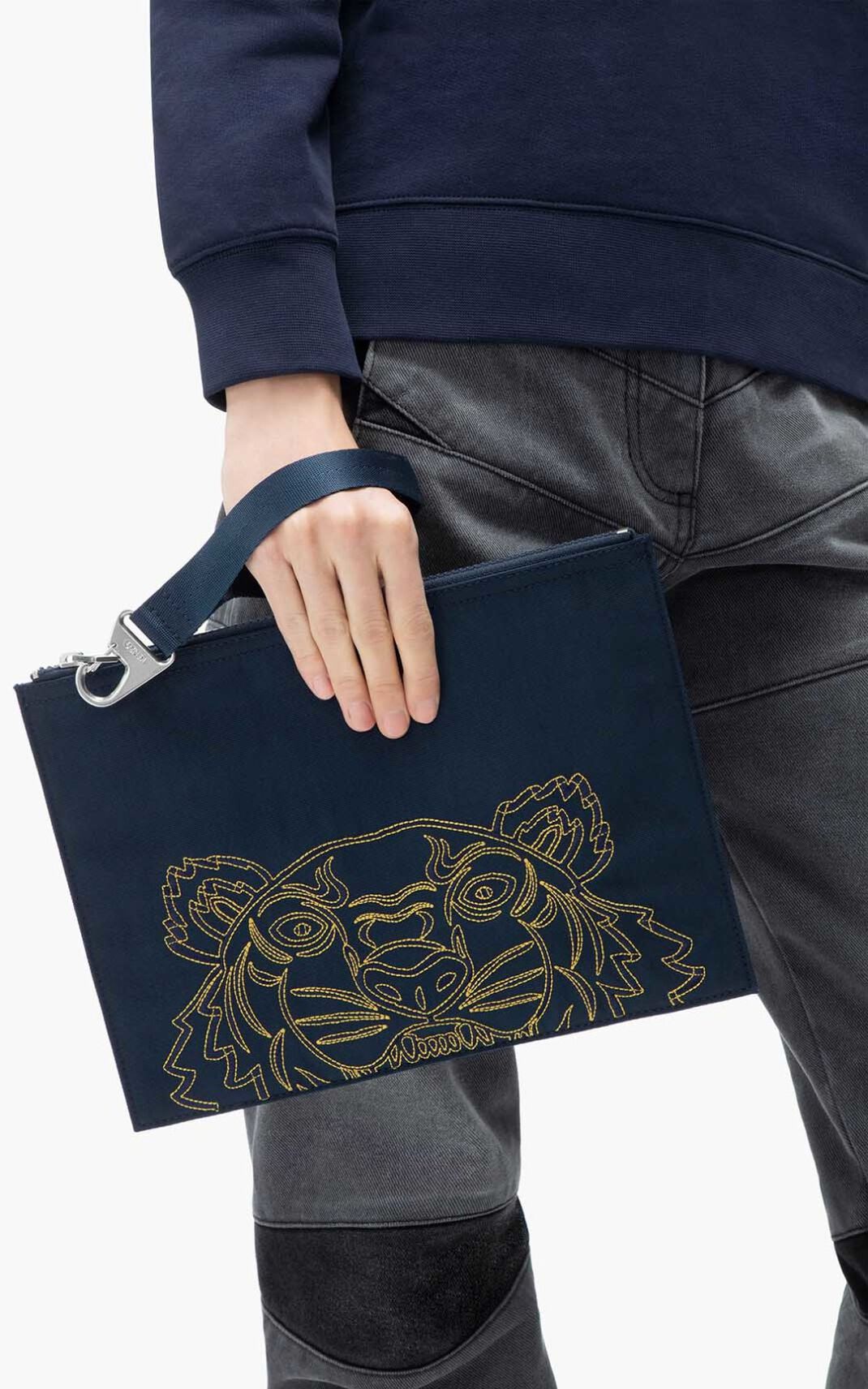 Kenzo Large Kampus Tiger Clutch Dame - Mørkeblå Blå DK-533859